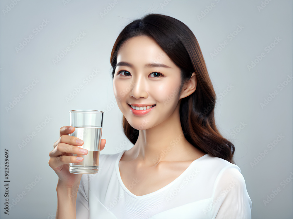 Asian woman wear white clothes hold drink clear fresh pure still water from glass Asian woman wear white clothes hold drink clear fresh pure still water from glass