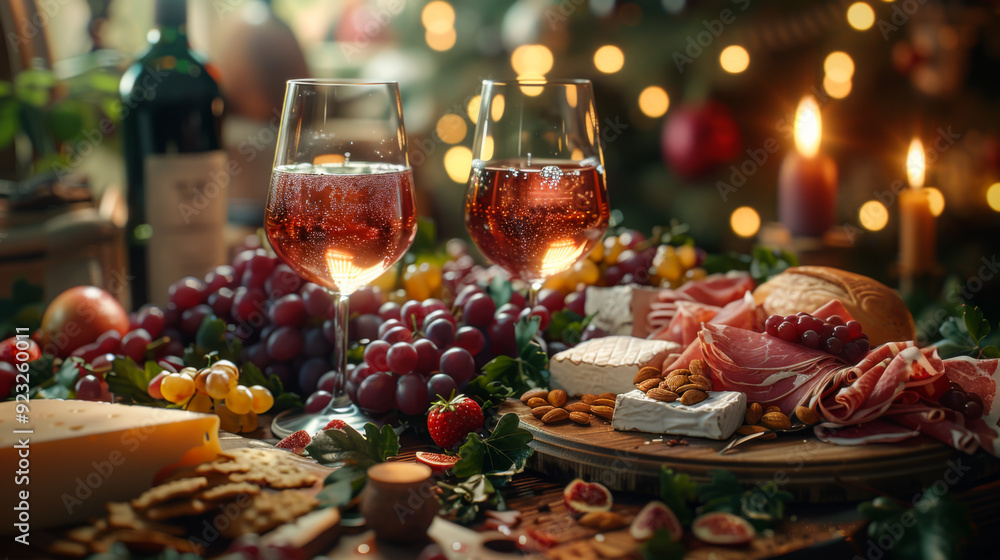 Decorated wooden table with a pair of filled wine glasses with different sausages, grapes and cheeses. Romantic setting. Dinner, date concept. Decorated wooden table with a pair of filled wine glasses with different sausages, grapes and cheeses. Romantic setting. Dinner, date concept.