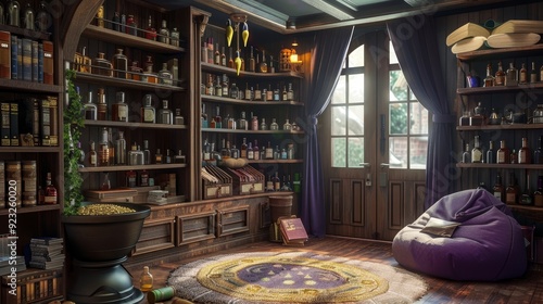 Wallpaper Mural Enchanting Wizard's Lair Mystical Bedroom with Potion Bottles Cauldron Bean Bag and Secret Bookshelf Door Fantasy Interior Design Stock Image Torontodigital.ca