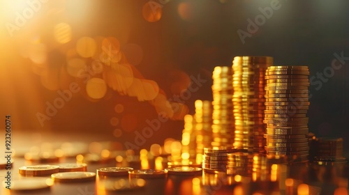 A mesmerizing stack of golden coins glowing in soft light, symbolizing wealth and prosperity in finance and investment.