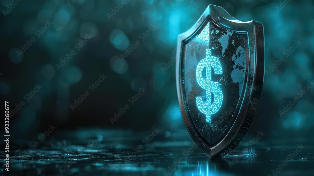Fototapeta premium A futuristic shield featuring a dollar symbol, representing digital security and financial protection in a tech-driven world.