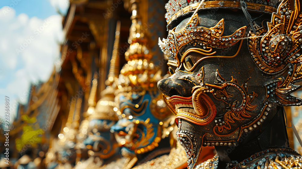 Giants that are jewelry decorated with gold and stain glass Thai style standing next to a church in a Thai temple Giants that are jewelry decorated with gold and stain glass Thai style standing next to a church in a Thai temple