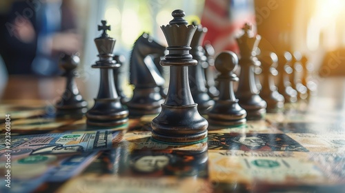 Close-up of a chessboard with black chess pieces elegantly arranged, symbolizing strategy and competition in a vibrant setting.