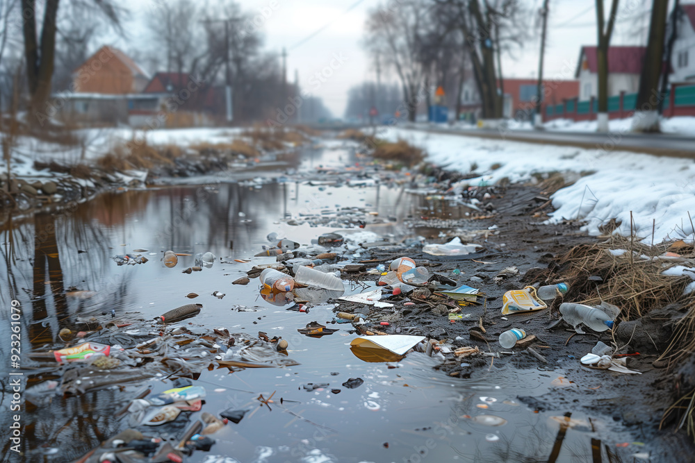 Polluted stream runs through urban snowy area among streets, houses and trees in winter, filled with trash and plastic waste. Concept of ecology problems, urban pollution and environmental neglect Polluted stream runs through urban snowy area among streets, houses and trees in winter, filled with trash and plastic waste. Concept of ecology problems, urban pollution and environmental neglect