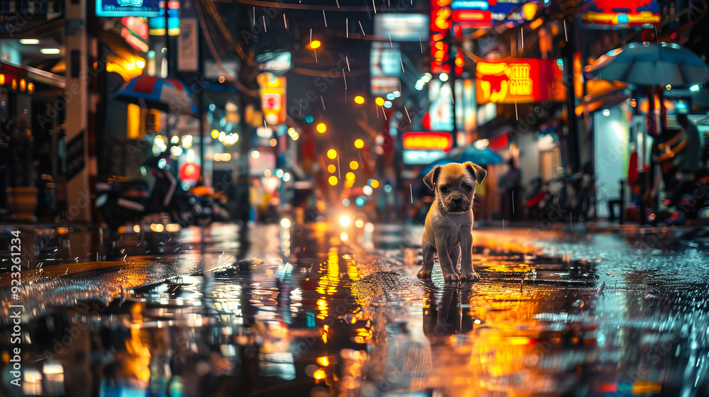 Stray dog on road and reflection colorful night light after the rain with store signs and billboard lights and bokeh of lights Stray dog on road and reflection colorful night light after the rain with store signs and billboard lights and bokeh of lights