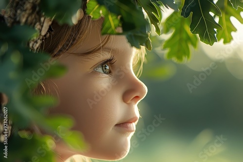 Close-up of a child gazing at a majestic oak tree.