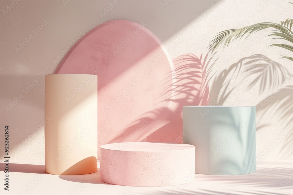 Minimalist Pastel Pedestal Display with Soft Shadows and Plant Leaves – Modern Design for Product Showcase, Poster, and Print Minimalist Pastel Pedestal Display with Soft Shadows and Plant Leaves – Modern Design for Product Showcase, Poster, and Print