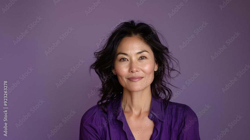 Fototapeta premium An engaging mature woman with a vivacious expression poses against a purple backdrop