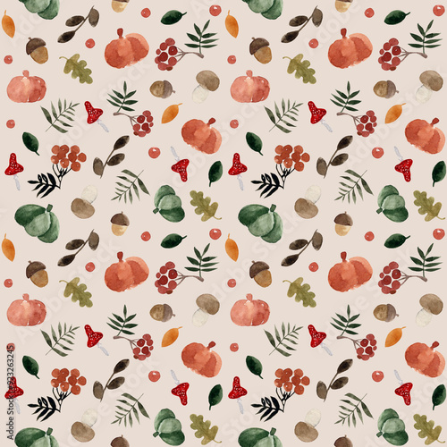 Watercolor seamless pattern of autumn elements.Hand drawn fall items isolated on light background.