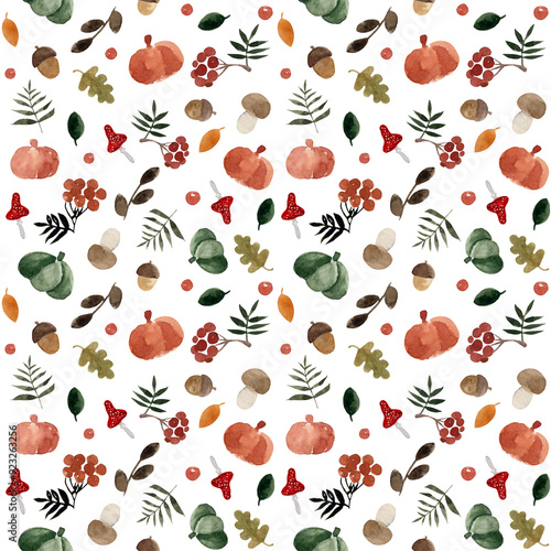 Watercolor seamless pattern of autumn elements.Hand drawn fall items isolated on light background. photo