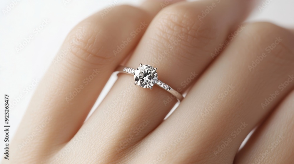 Obraz premium A woman's hand wearing a white gold ring with a large round diamond on the left finger. The white background and the subtle sparkle emphasize the elegance and simplicity of the jewelry.