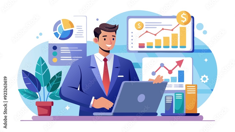 A businessman analyzing a financial landscape with the help of digital graphics. The financial responsibility and is perfect for highlighting the importance of strategic planning A businessman analyzing a financial landscape with the help of digital graphics. The financial responsibility and is perfect for highlighting the importance of strategic planning