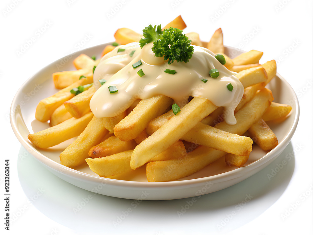 French fries with Cheese Sauce on white background French fries with Cheese Sauce on white background