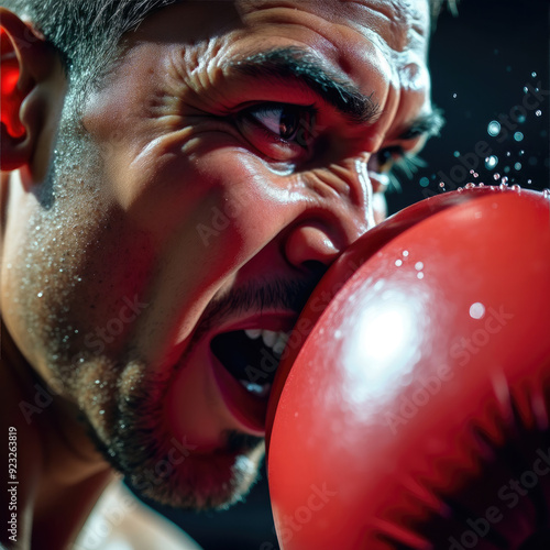 An intense moment in a boxing match is captured with a boxer in action, extending his gloved fist, sweat spraying in the motion, illustrating the determination and focus in the sport. photo