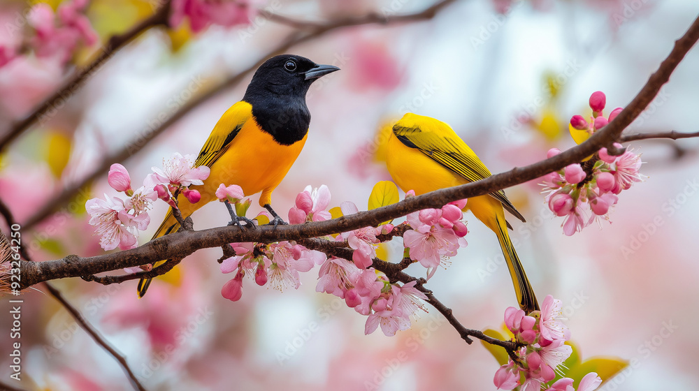 baltimore oriole sitting on branch with pink flowers baltimore oriole sitting on branch with pink flowers