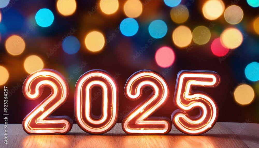 Neon sign showing 2025 with christmas tree lights reflecting on the table Neon sign showing 2025 with christmas tree lights reflecting on the table