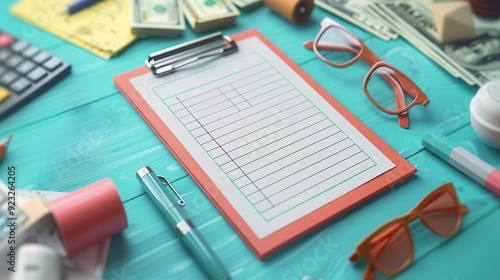 A vibrant workspace featuring a clipboard, glasses, money, and stationery on a teal background, ideal for business and finance themes.