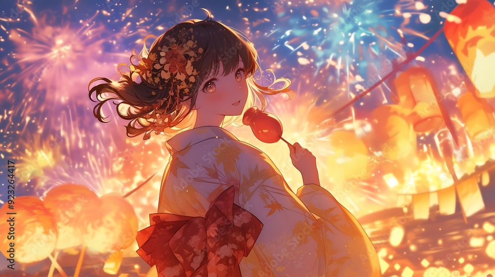 anime girl with kimono at fireworks festival anime girl with kimono at fireworks festival