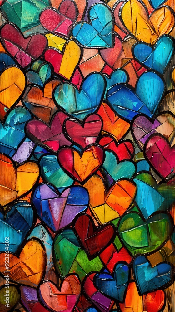 A vibrant collage of colorful hearts in various shapes fills the canvas, creating a joyful artistic expression A vibrant collage of colorful hearts in various shapes fills the canvas, creating a joyful artistic expression