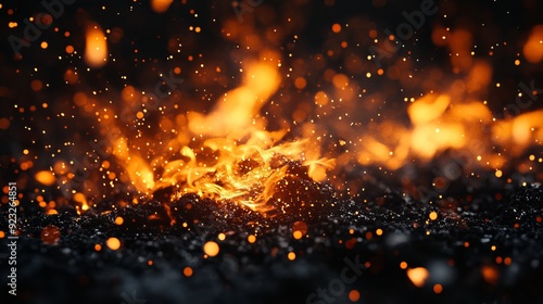 Glowing embers and sparks from burning wood in a dark setting