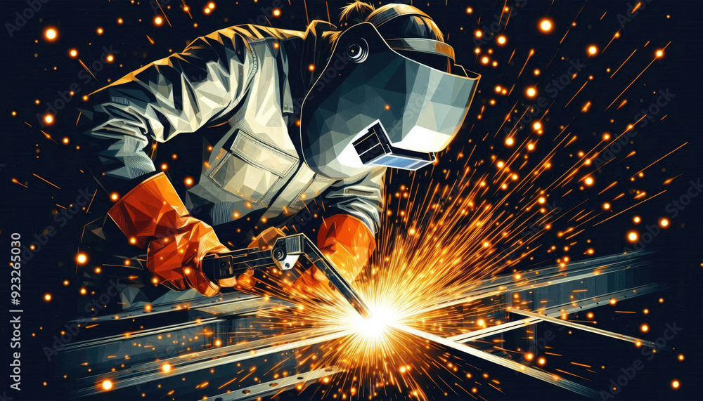 A welder is depicted in a workshop, skillfully welding a metal piece, with bright sparks flying around, reflecting his precise craftsmanship and dedication to his trade. A welder is depicted in a workshop, skillfully welding a metal piece, with bright sparks flying around, reflecting his precise craftsmanship and dedication to his trade.