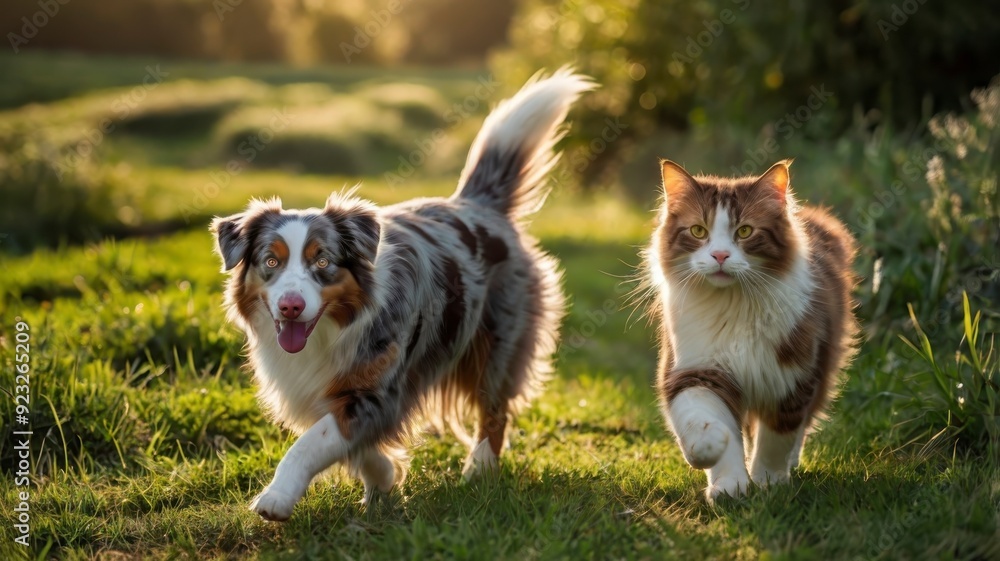 Australian Shepherd and cat walking in sunlight on green field Australian Shepherd and cat walking in sunlight on green field
