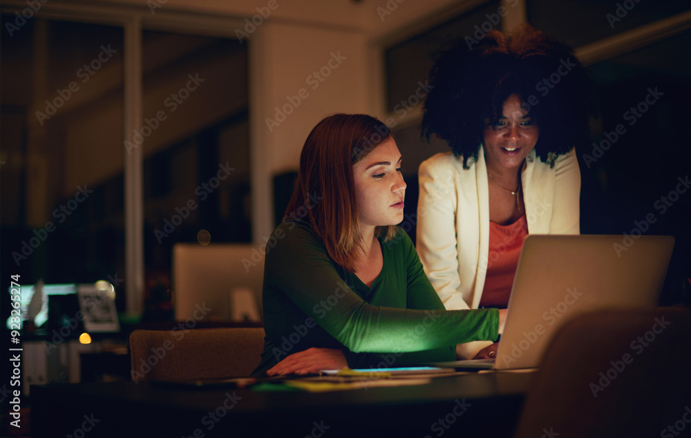 Business, women and teamwork with laptop in office with stock market research for corporate investment at night. Professional, financial advisors or discussion for company profit report with deadline Business, women and teamwork with laptop in office with stock market research for corporate investment at night. Professional, financial advisors or discussion for company profit report with deadline