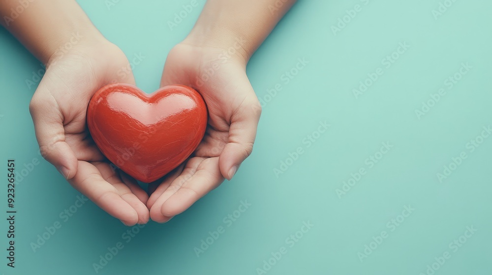 Fototapeta premium Hands Cradling Red Heart Symbol of Love and Care