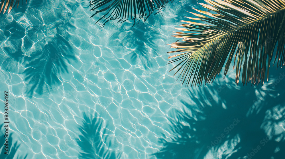 Top view of a blue calm and clear calm water surface, water texture with ripples and shadow of palm leafs, Zen and relaxing background, summer concept Top view of a blue calm and clear calm water surface, water texture with ripples and shadow of palm leafs, Zen and relaxing background, summer concept