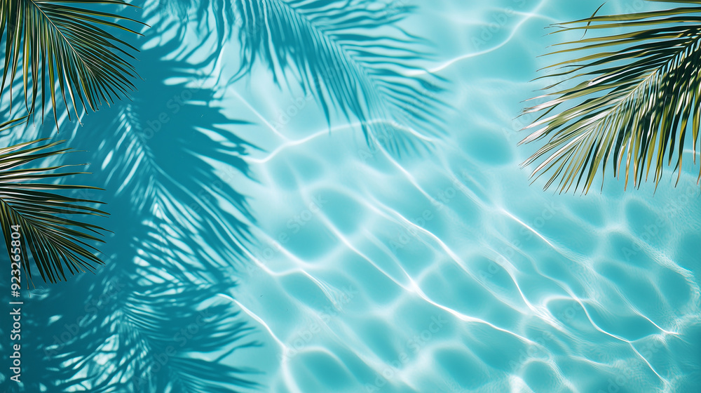 Top view of a blue calm and clear calm water surface, water texture with ripples and shadow of palm leafs, Zen and relaxing background, summer concept Top view of a blue calm and clear calm water surface, water texture with ripples and shadow of palm leafs, Zen and relaxing background, summer concept