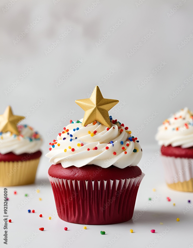 A red velvet cupcake with white frosting and colorful sprinkles, topped with a golden star A red velvet cupcake with white frosting and colorful sprinkles, topped with a golden star