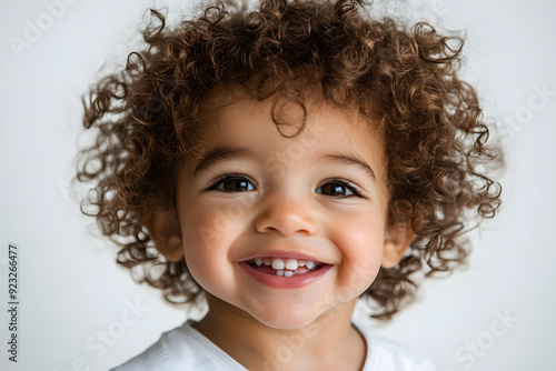 Close up Cute curly hair kid smiling at the camera isolated on white