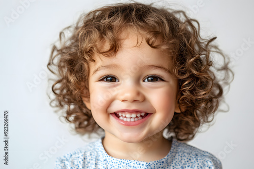 Close up Cute curly hair kid smiling at the camera isolated on white