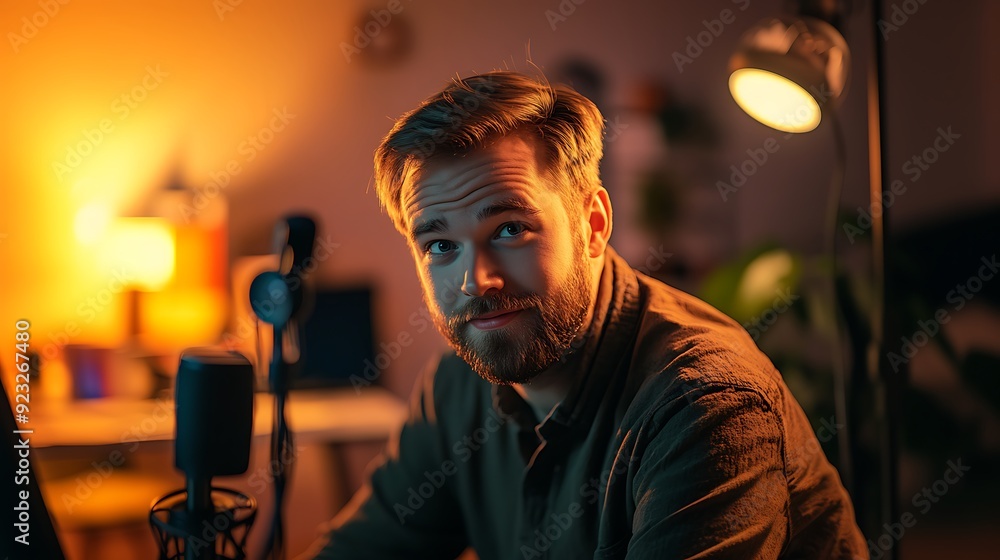 A podcast guest with a thoughtful expression, leaning into the microphone, and a warm, inviting background. A podcast guest with a thoughtful expression, leaning into the microphone, and a warm, inviting background.