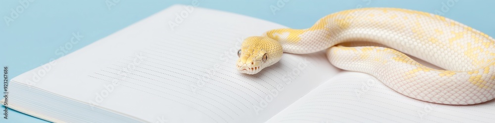 A small white and yellow snake is laying on top of an open book with copy space. A small white and yellow snake is laying on top of an open book with copy space.