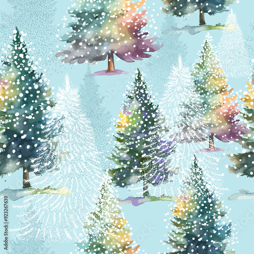 Christmas. Winter background. Winter Forest background. Pine, spruce, watercolor christmas tree. Snowy graphic trees seamless pattern panorama view. hand drawing. Not AI, Vector illustrations