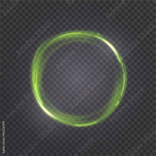 Glowing green circle on transparent background. Glowing ring with bright backlight. Round green frame with bright shine. Luxury element for advertising. Vector