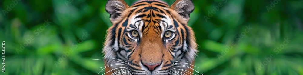 A tiger is surrounded by green foliage is looking at the camera. Wide panoramic banner with copy space. A tiger is surrounded by green foliage is looking at the camera. Wide panoramic banner with copy space.