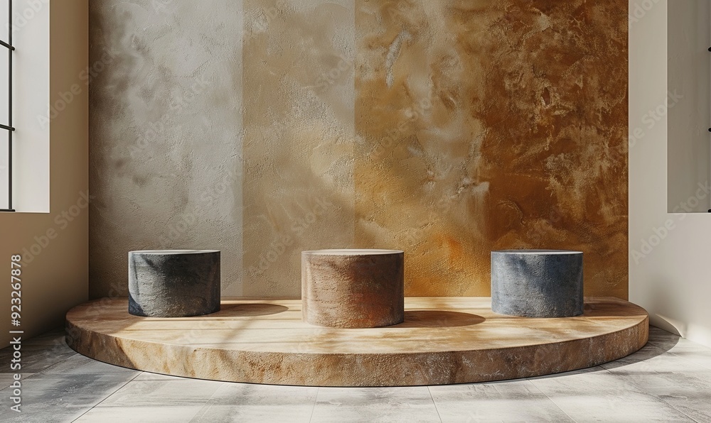 three modern podiums for product presentation on a beige background generative ai. three modern podiums for product presentation on a beige background generative ai.