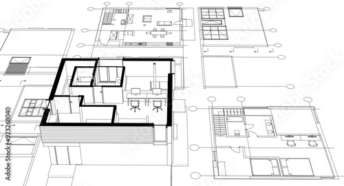 house architectural project sketch 3d illustration	
