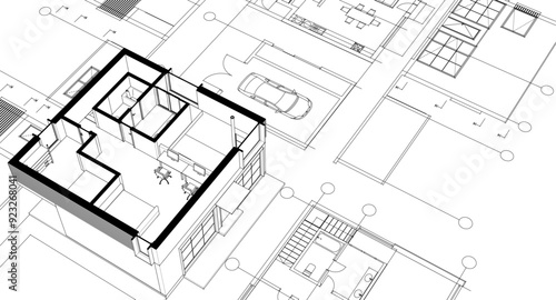 house architectural project sketch 3d illustration	