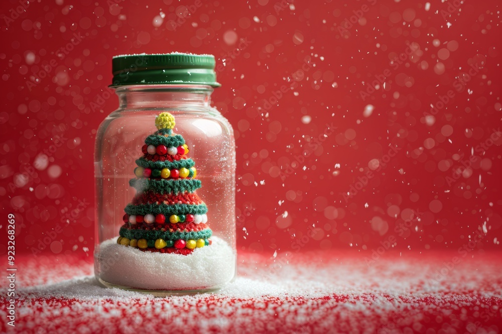 A colorful, handmade Christmas tree in a jar, filled with snow, and set against a festive red background, representing holiday joy and creativity. A colorful, handmade Christmas tree in a jar, filled with snow, and set against a festive red background, representing holiday joy and creativity.