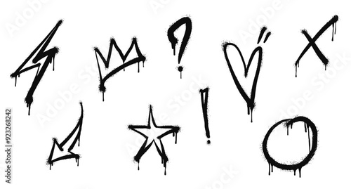 Spray painted graffiti Crown, star, flash, heart, Arrow drip symbol. isolated on white background. vector illustration