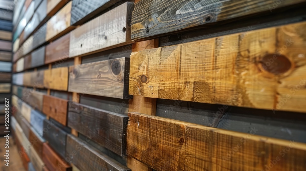 A close-up view of an artistic wooden wall showcasing various textures and colors, perfect for interior design inspiration. A close-up view of an artistic wooden wall showcasing various textures and colors, perfect for interior design inspiration.
