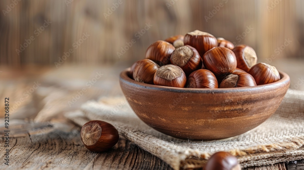 A rustic bowl filled with fresh hazelnuts, showcasing their rich brown color and smooth texture, perfect for culinary use. A rustic bowl filled with fresh hazelnuts, showcasing their rich brown color and smooth texture, perfect for culinary use.
