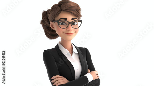 Smiling business woman character in black suit, white shirt and glasses in 3d style isolated on white background