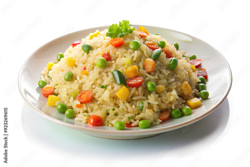 Vegetarian fried rice in a white plate. Vegetarian food for Vegetarian festival, isolate white background, Clipping path Vegetarian fried rice in a white plate. Vegetarian food for Vegetarian festival, isolate white background, Clipping path