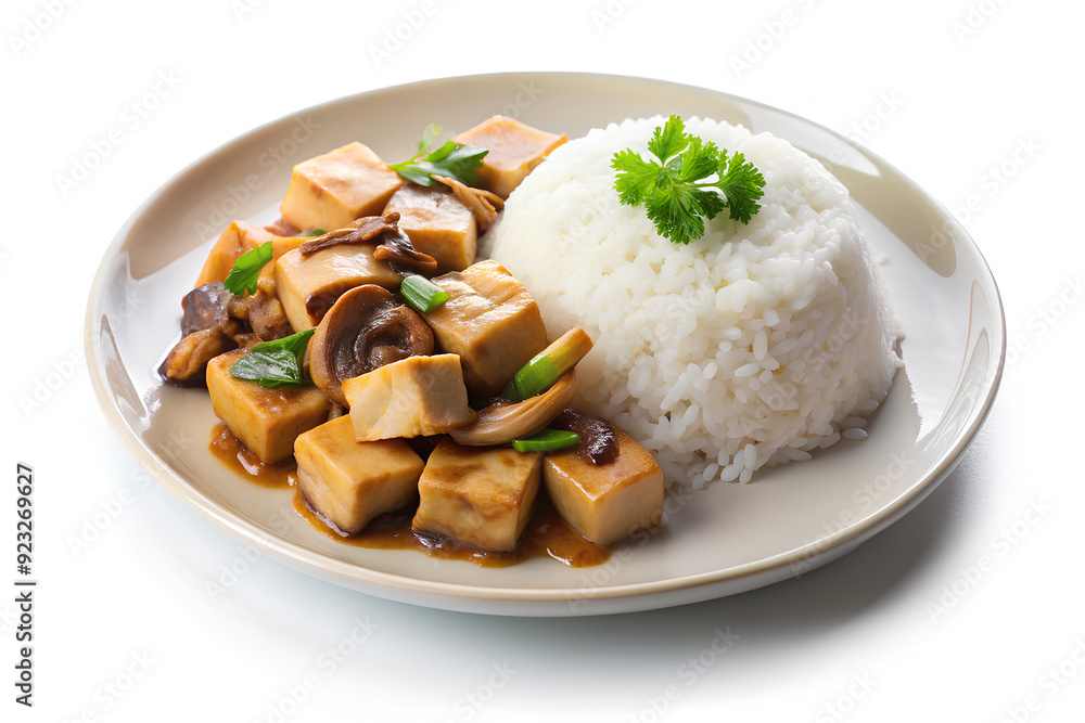 Vegetarian fried tofu and mushroom with steam rice. Vegetarian food for Vegetarian festival, isolate white background, Clipping path Vegetarian fried tofu and mushroom with steam rice. Vegetarian food for Vegetarian festival, isolate white background, Clipping path