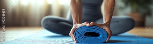 Closeup of a woman s hands gripping a yoga mat, disciplined practice, soft background blur photo