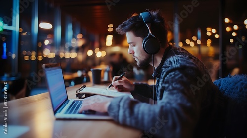 A podcast host taking notes on a notepad while listening to a guest through high-quality headphones.